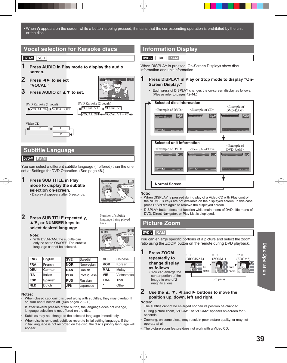 Vocal selection for karaoke discs, Subtitle language, Information display | Picture zoom, Disc operation | Panasonic PV-DF2035 User Manual | Page 39 / 64