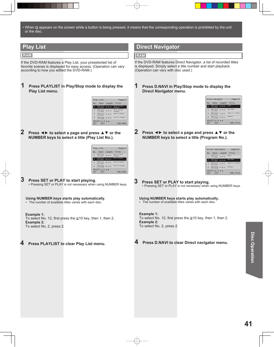 Direct navigator, Play list, Disc operation | Press d.navi to clear direct navigator menu, Press playlist to clear play list menu, Press set or play to start playing | Panasonic PV-DF2035 User Manual | Page 41 / 64