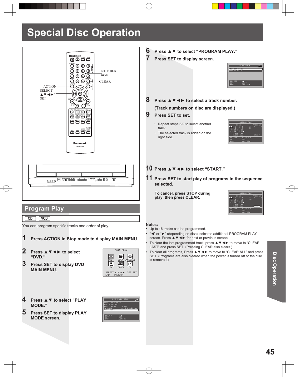 Special disc operation, Program play, Disc operation | Panasonic PV-DF2035 User Manual | Page 45 / 64