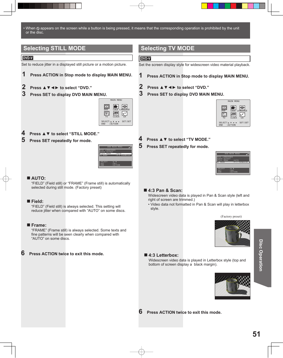 Selecting still mode, Selecting tv mode | Panasonic PV-DF2035 User Manual | Page 51 / 64