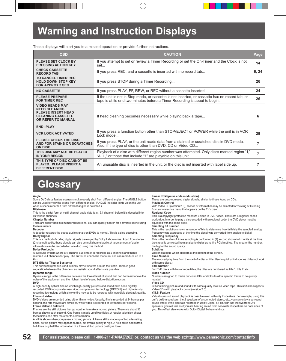 Information, Warning and instruction displays, Glossary | Warning and instruction displays glossary | Panasonic PV-DF2035 User Manual | Page 52 / 64