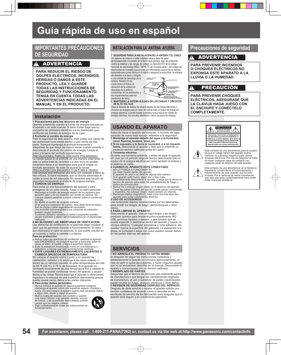 Guia rapida de uso en espanol, Guía rápida de uso en español, Precauciones de seguridad | Importantes precauciones de seguridad, Precaución advertencia advertencia | Panasonic PV-DF2035 User Manual | Page 54 / 64
