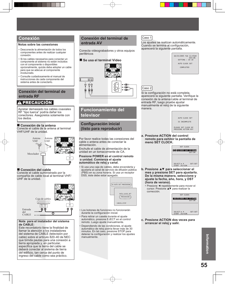 Conexión funcionamiento del televisor, Conexión del terminal de entrada rf, Conexión del terminal de entrada av precaución | Configuración inicial (listo para reproducir), Informationinformation | Panasonic PV-DF2035 User Manual | Page 55 / 64