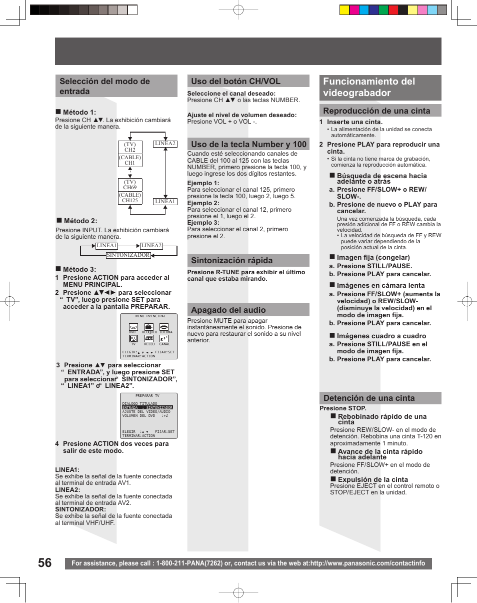 Funcionamiento del videograbador, Reproducción de una cinta, Detención de una cinta | Panasonic PV-DF2035 User Manual | Page 56 / 64