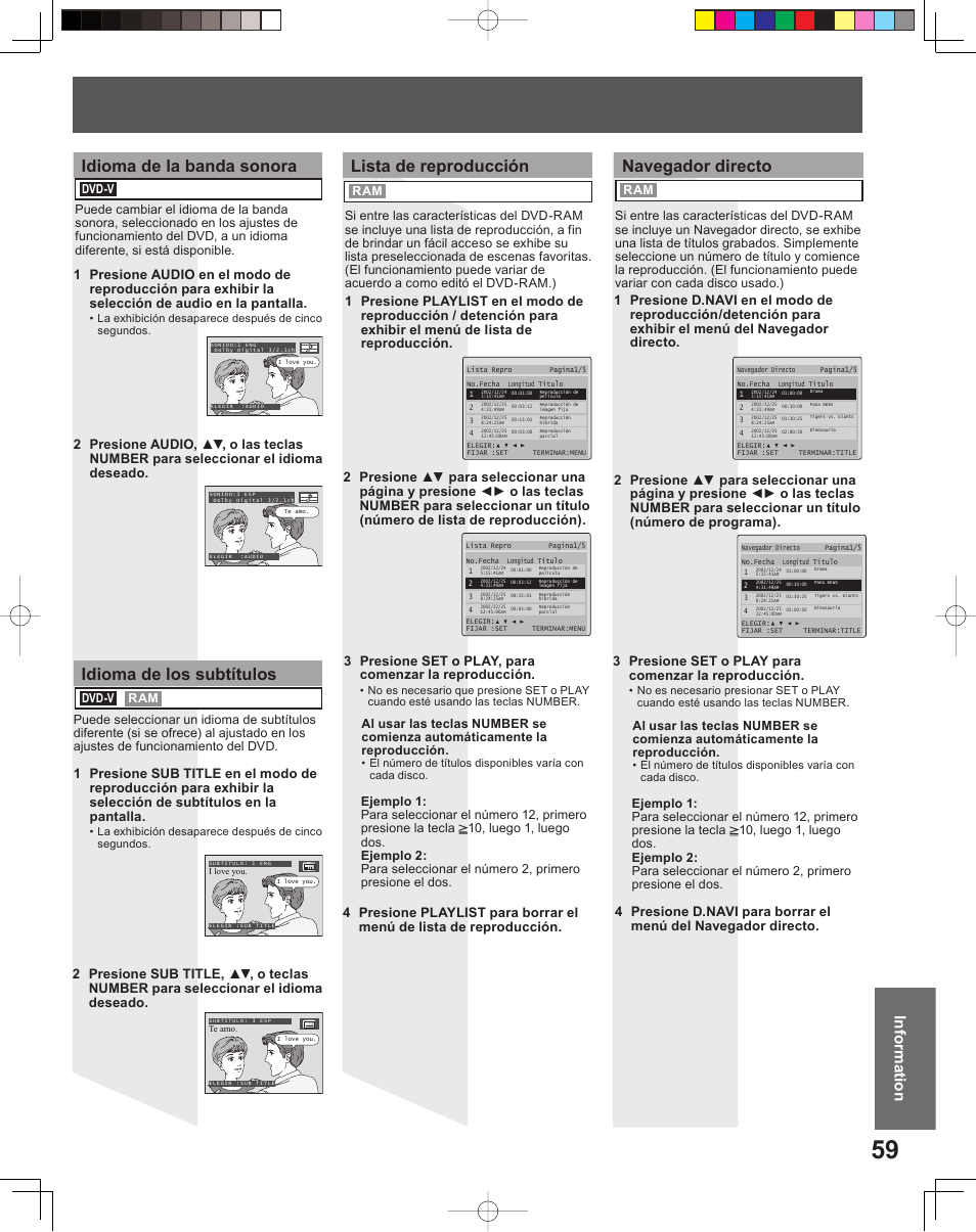 Idioma de la banda sonora, Idioma de los subtítulos, Navegador directo | Lista de reproducción, Informationinformation | Panasonic PV-DF2035 User Manual | Page 59 / 64