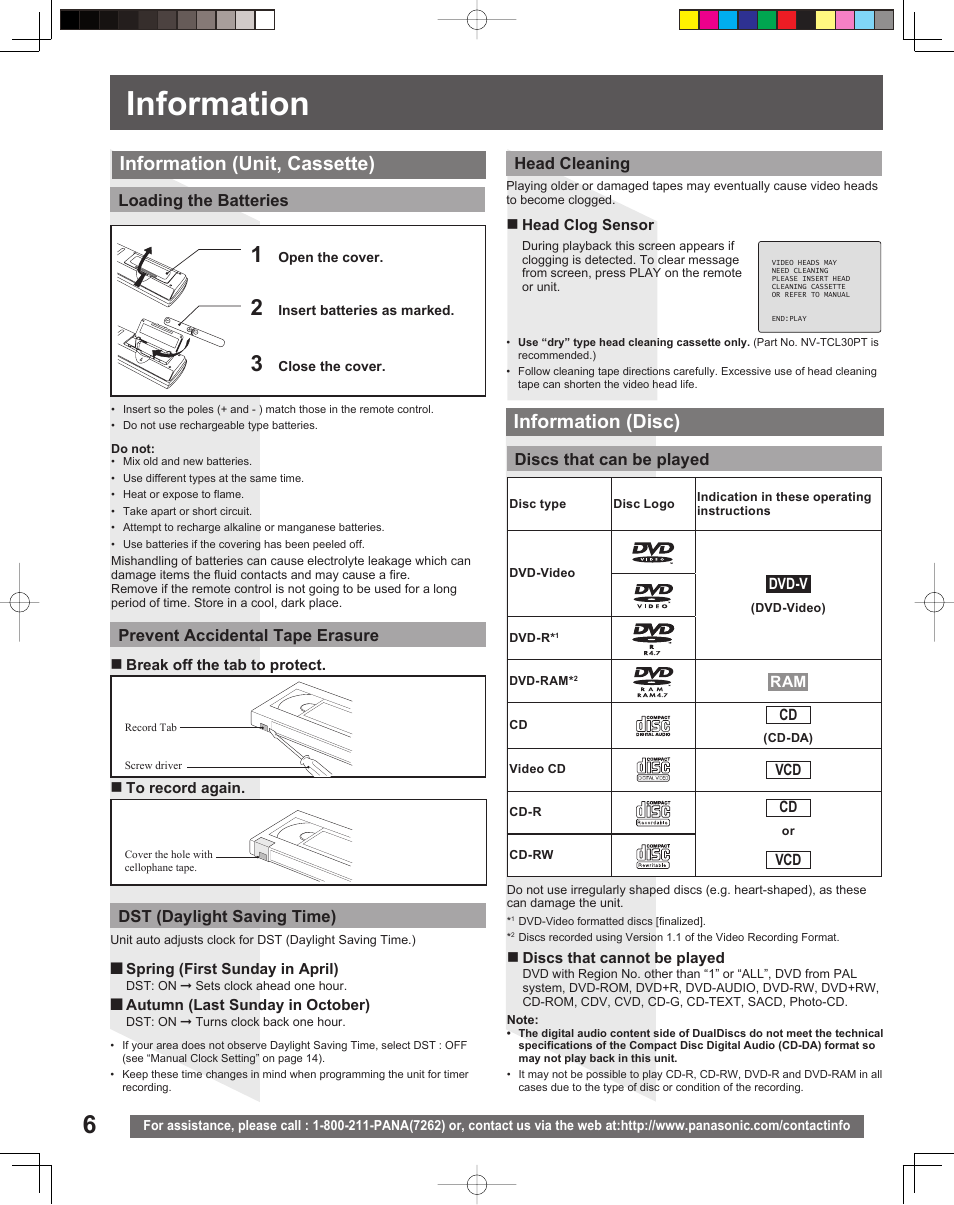 Information, Information (unit, cassette), Information (disc) | Panasonic PV-DF2035 User Manual | Page 6 / 64