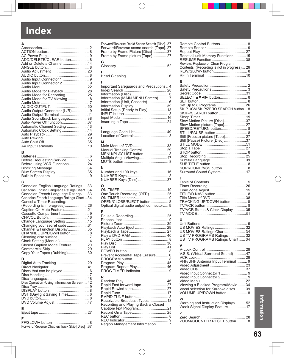 Index | Panasonic PV-DF2035 User Manual | Page 63 / 64