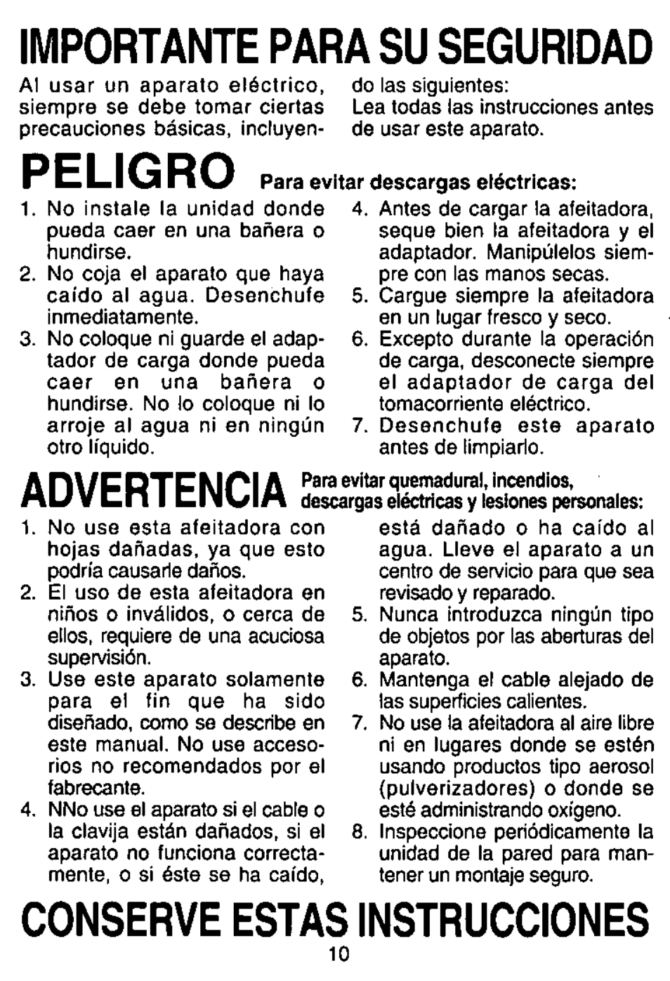 Importante para su seguridad, Peligro, Advertencia | Conserve estas instrucciones | Panasonic ES765 User Manual | Page 10 / 20