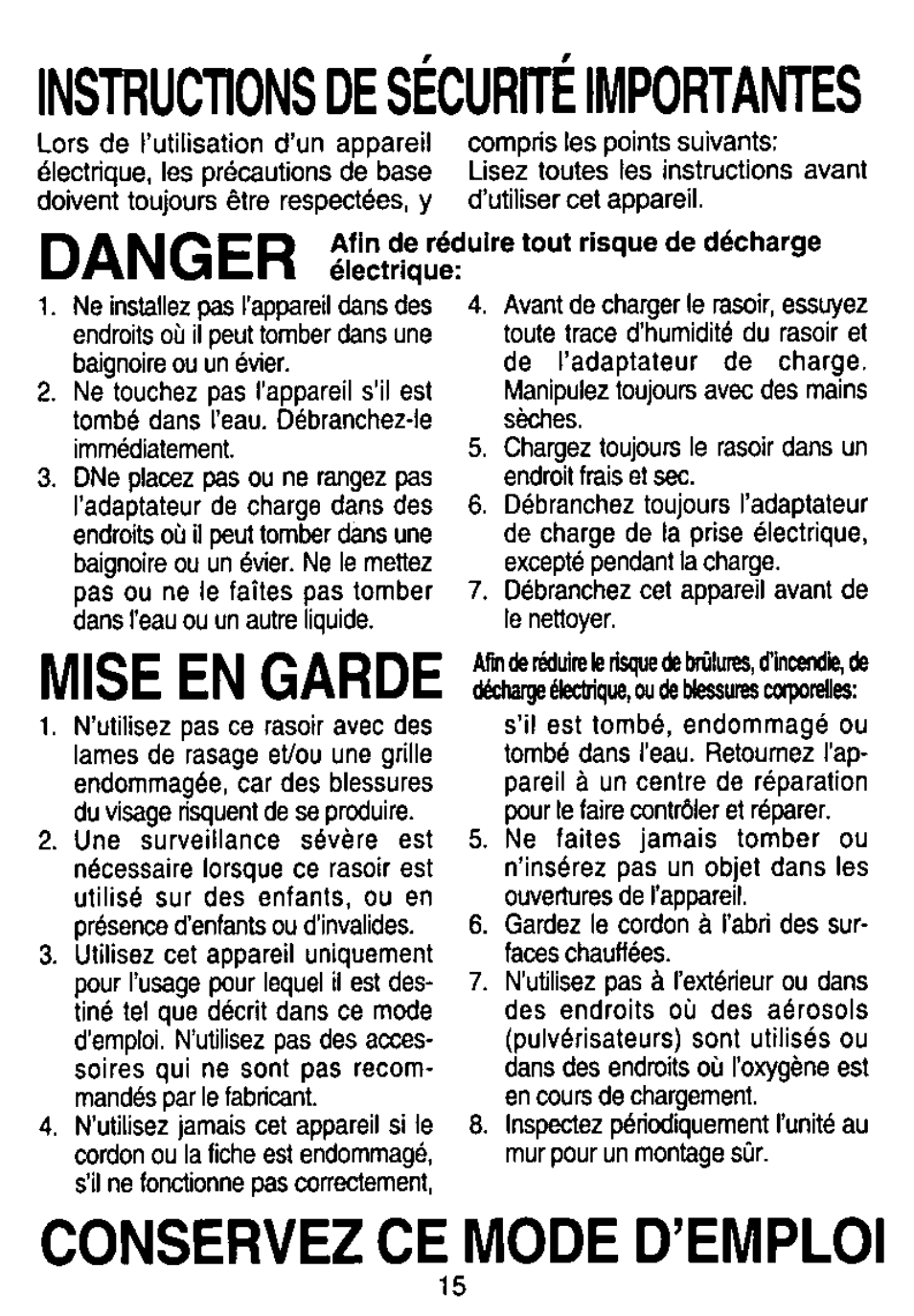 Instructions de sécurité importantes, Danger, Mise en garde | Conservez ce mode d’emploi | Panasonic ES765 User Manual | Page 15 / 20