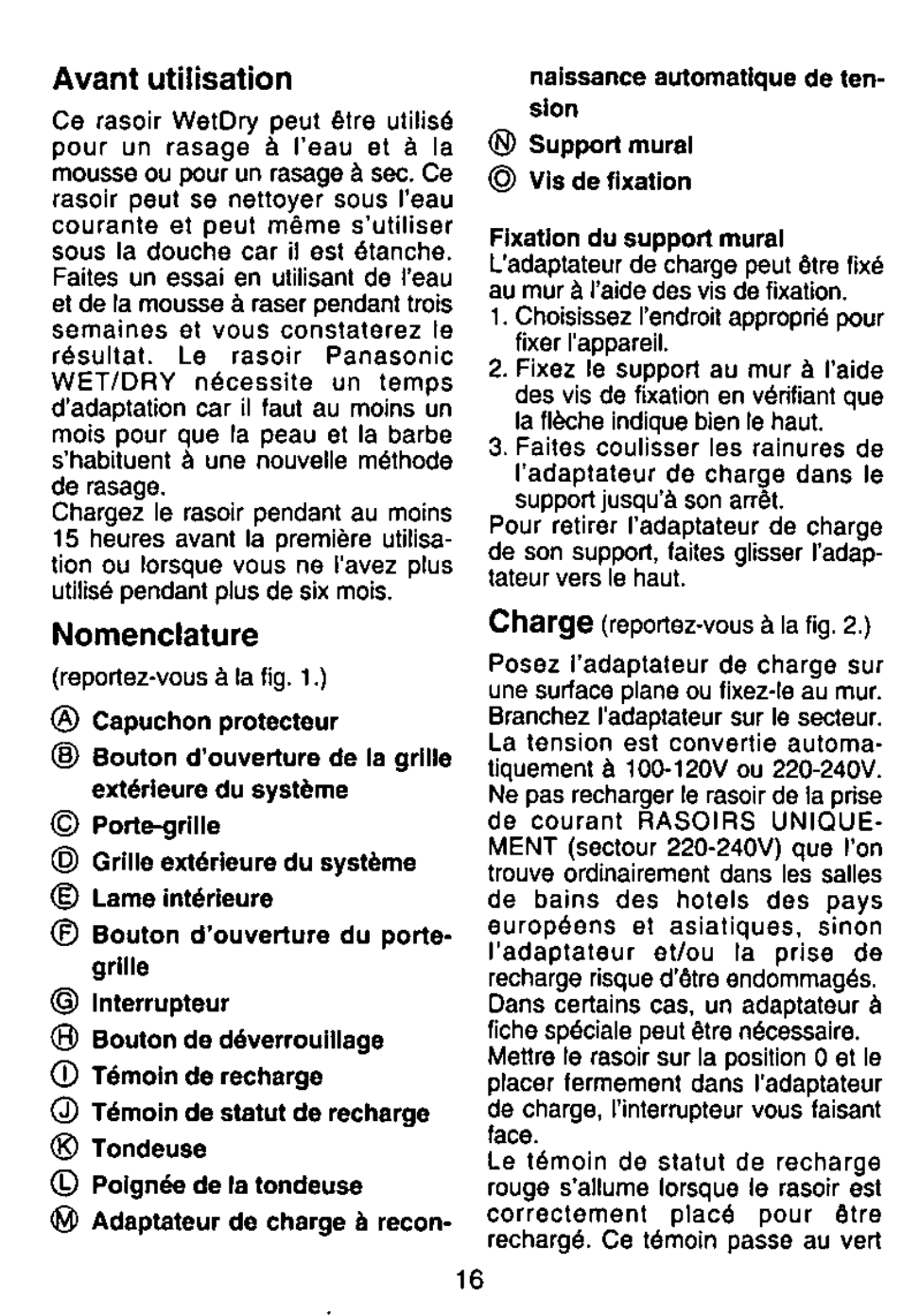 Avant utilisation, Nomenclature, Charge | Panasonic ES765 User Manual | Page 16 / 20