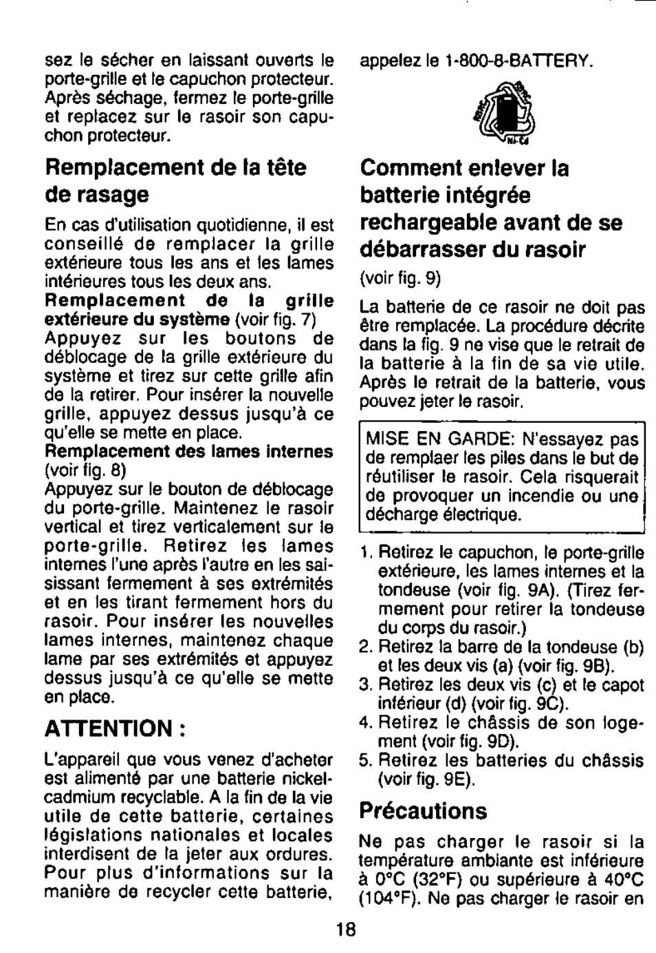 Remplacement de la tête de rasage, Attention, Précautions | Panasonic ES765 User Manual | Page 18 / 20