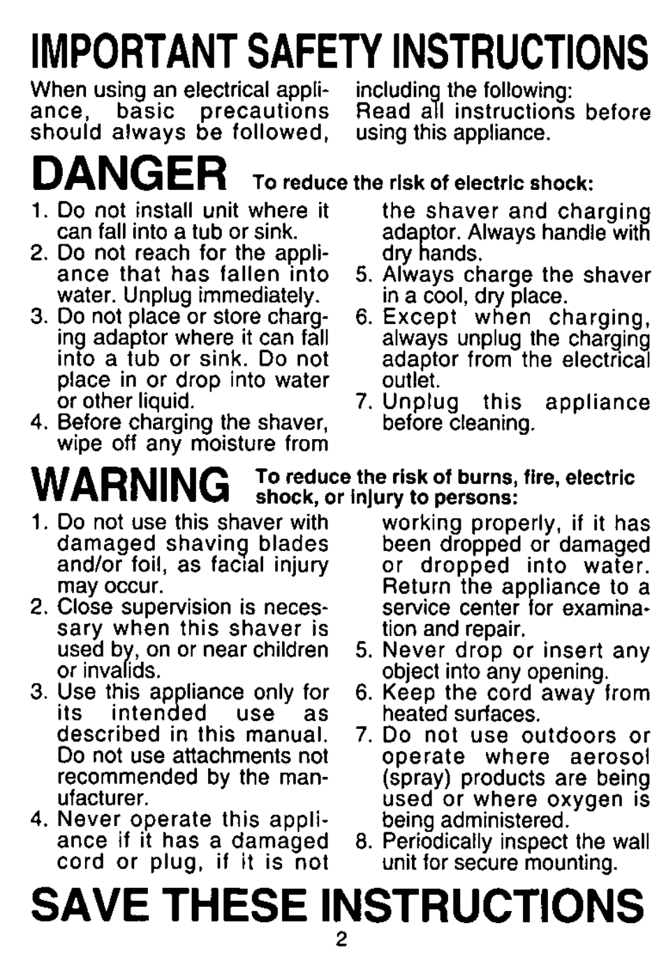 Important safety instructions, Danger, Warning | Save these instructions | Panasonic ES765 User Manual | Page 2 / 20