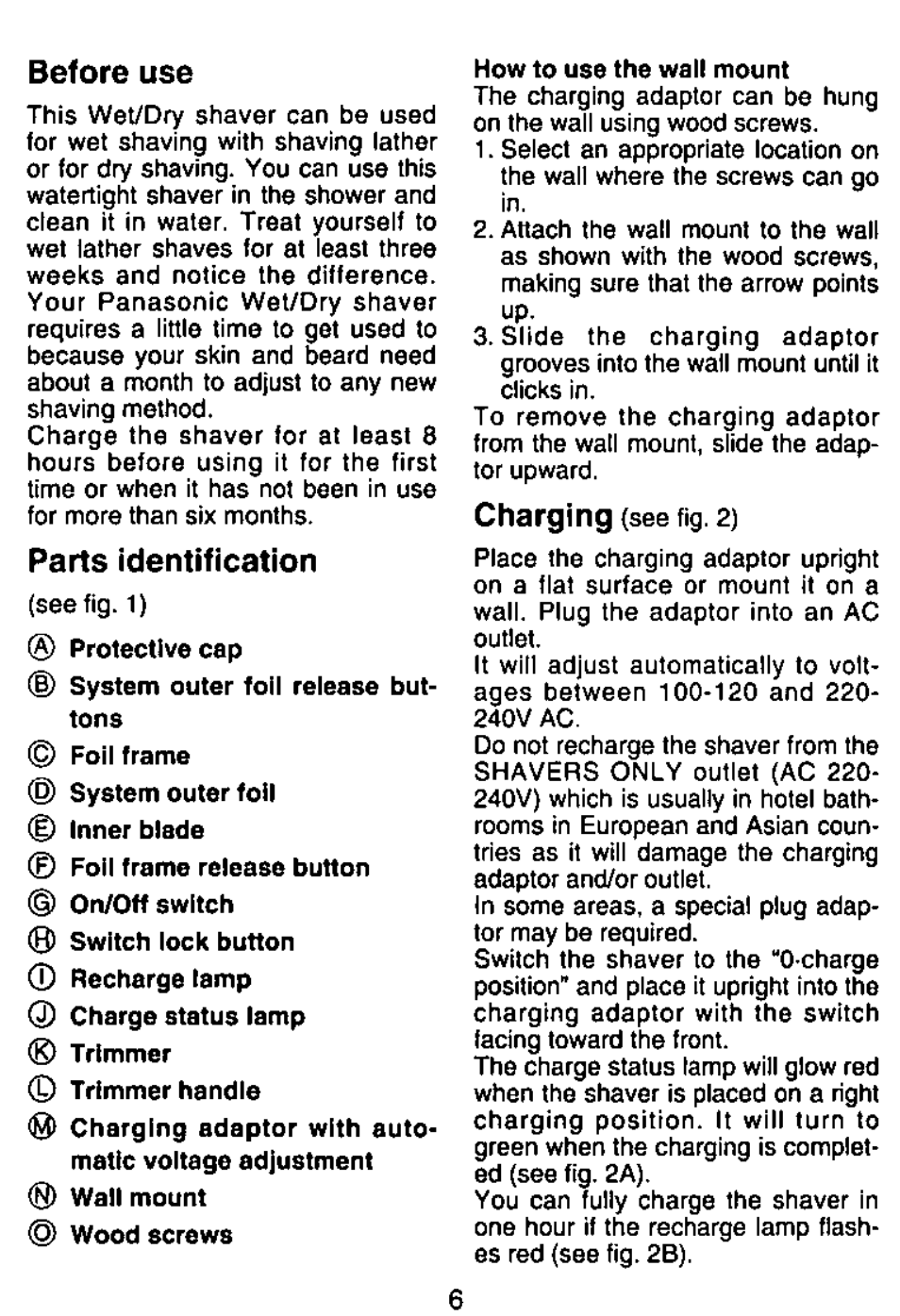 Before use, Parts identification, Charging | Panasonic ES765 User Manual | Page 6 / 20