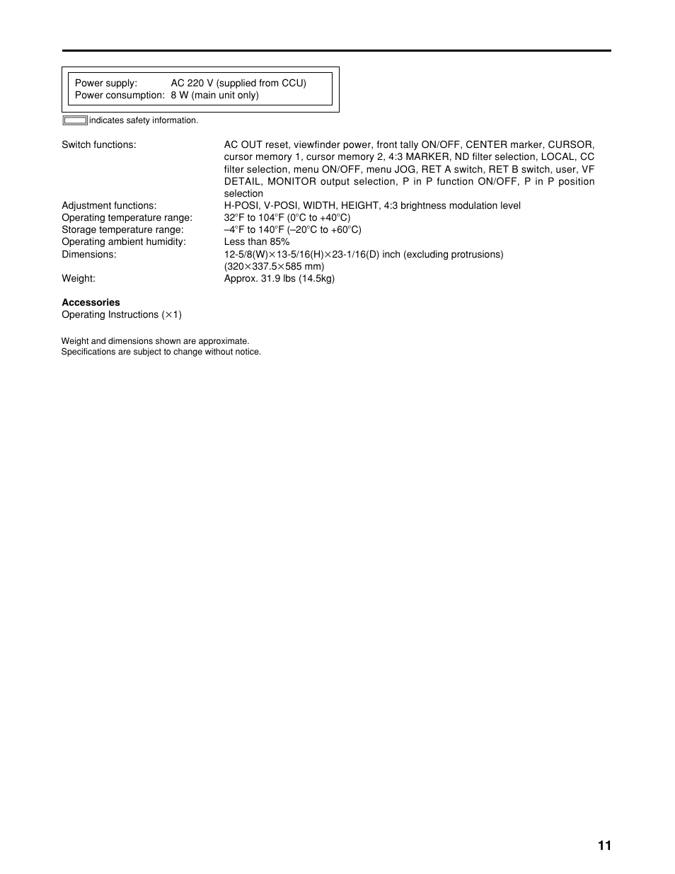 Specifications | Panasonic AK-HBU931P User Manual | Page 11 / 12