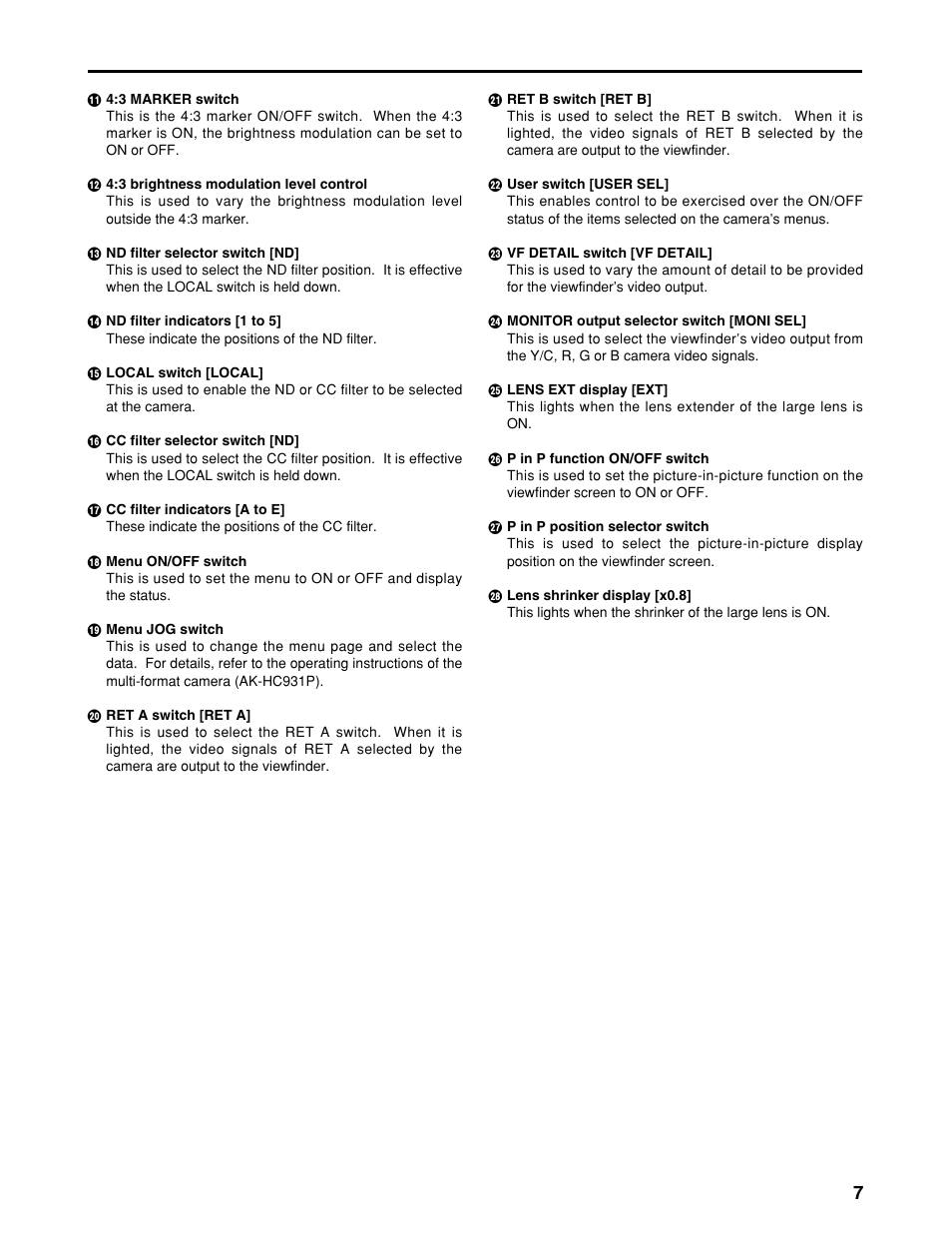 Controls and their functions | Panasonic AK-HBU931P User Manual | Page 7 / 12