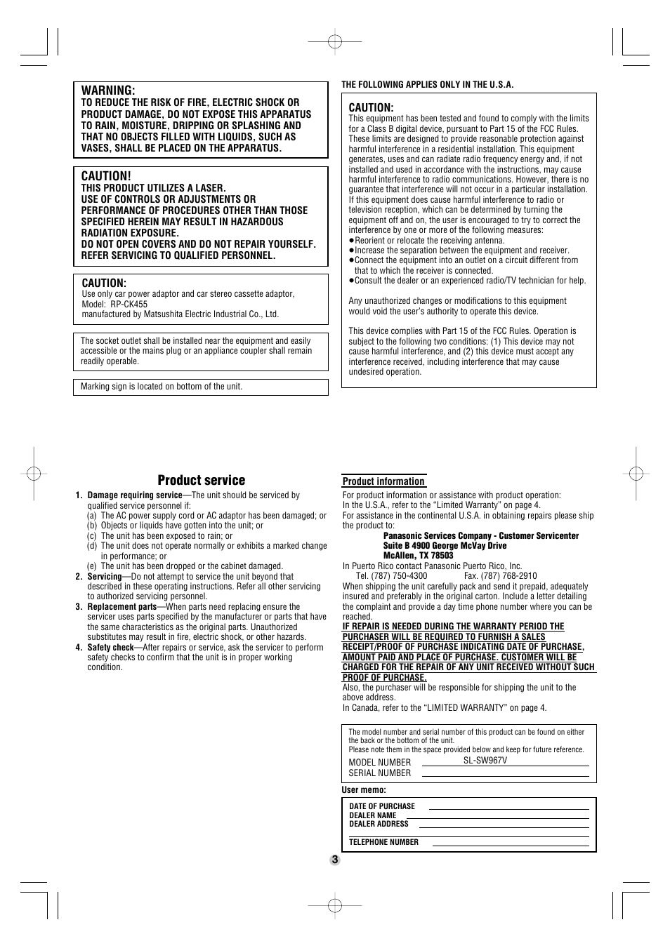 Product service, Caution, Warning | Panasonic SL-SW967V User Manual | Page 3 / 8