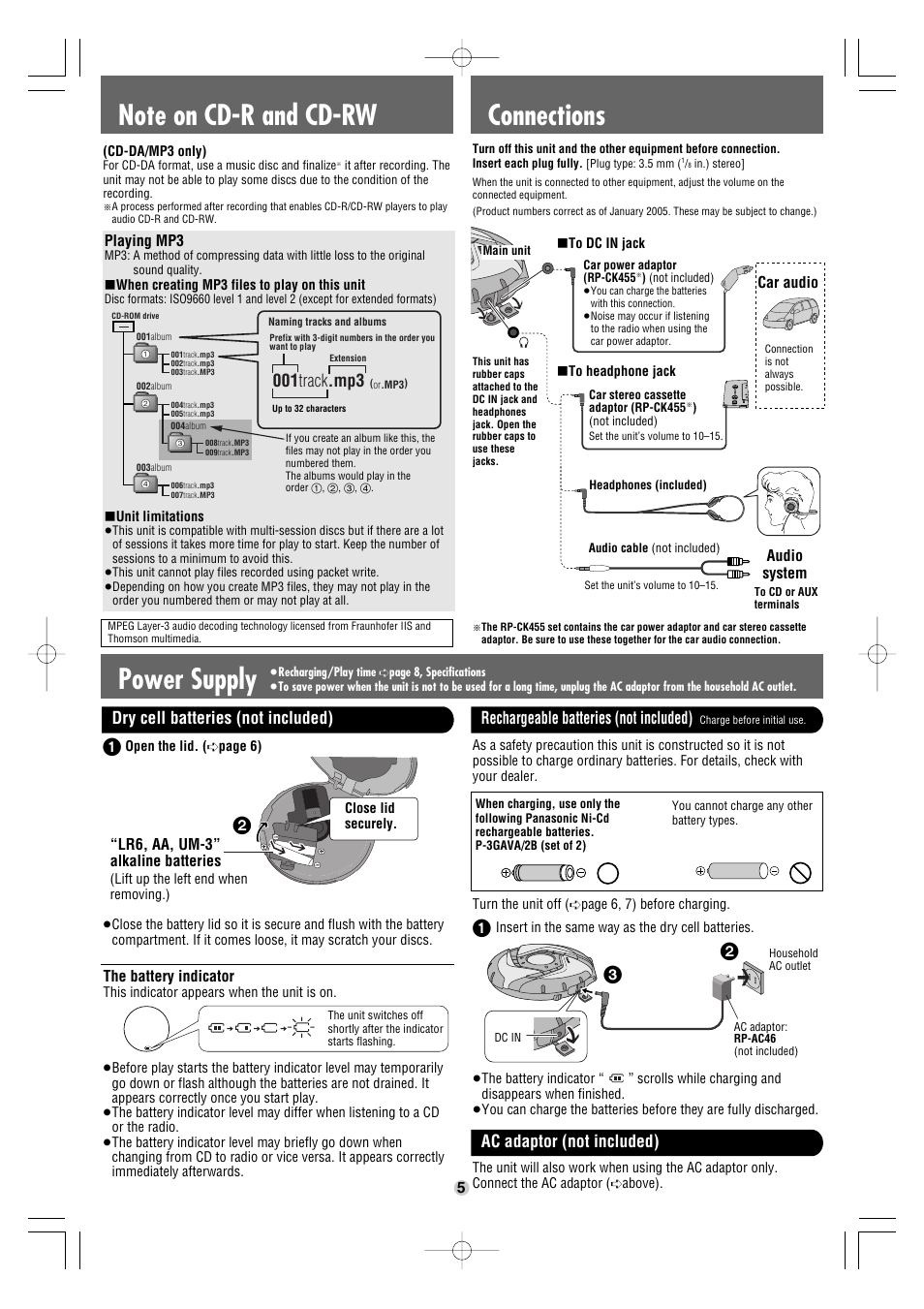 Connections, 001 track .mp3, Rechargeable batteries (not included) | Dry cell batteries (not included), Ac adaptor (not included) | Panasonic SL-SW967V User Manual | Page 5 / 8