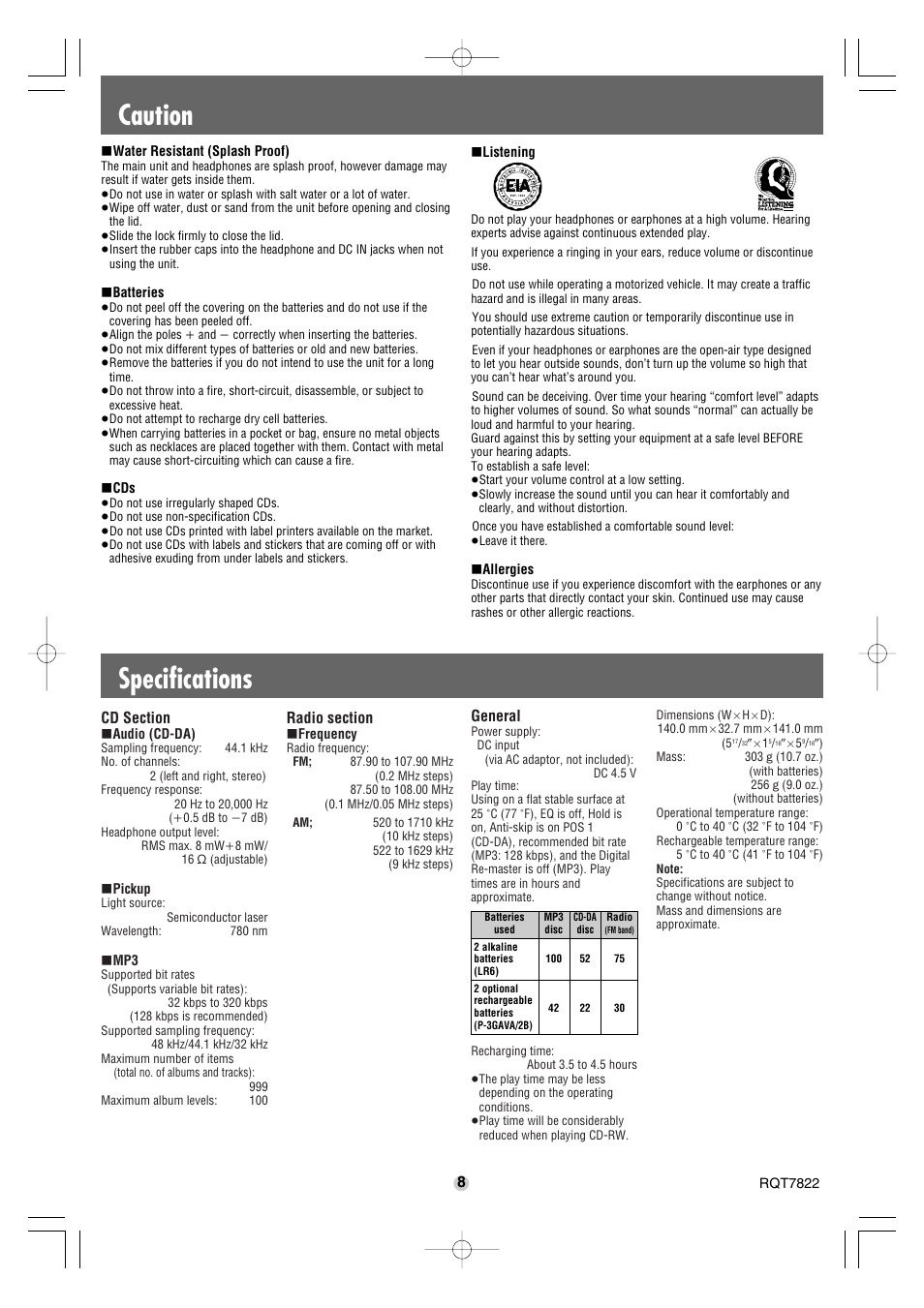 Specifications, Caution, General | Panasonic SL-SW967V User Manual | Page 8 / 8