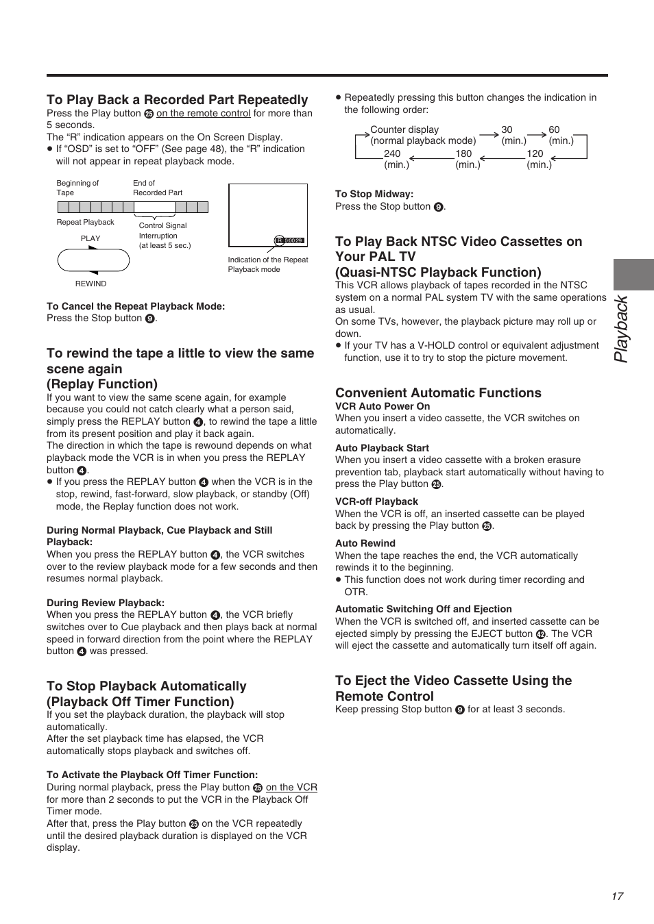 Pla ybac k, Convenient automatic functions | Panasonic NV-FJ710 Series User Manual | Page 17 / 58