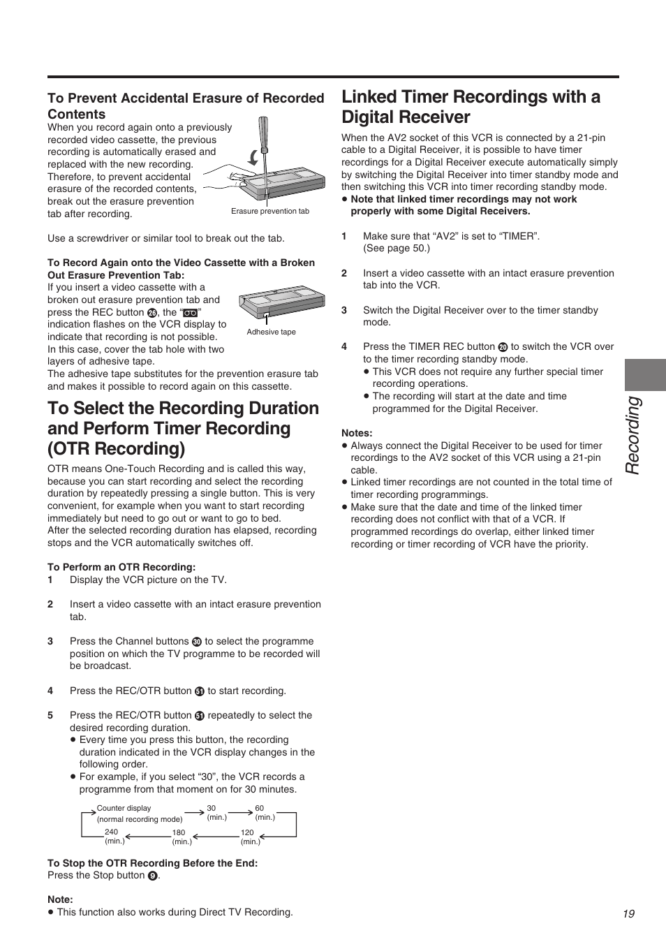 Recording, Linked timer recordings with a digital receiver | Panasonic NV-FJ710 Series User Manual | Page 19 / 58