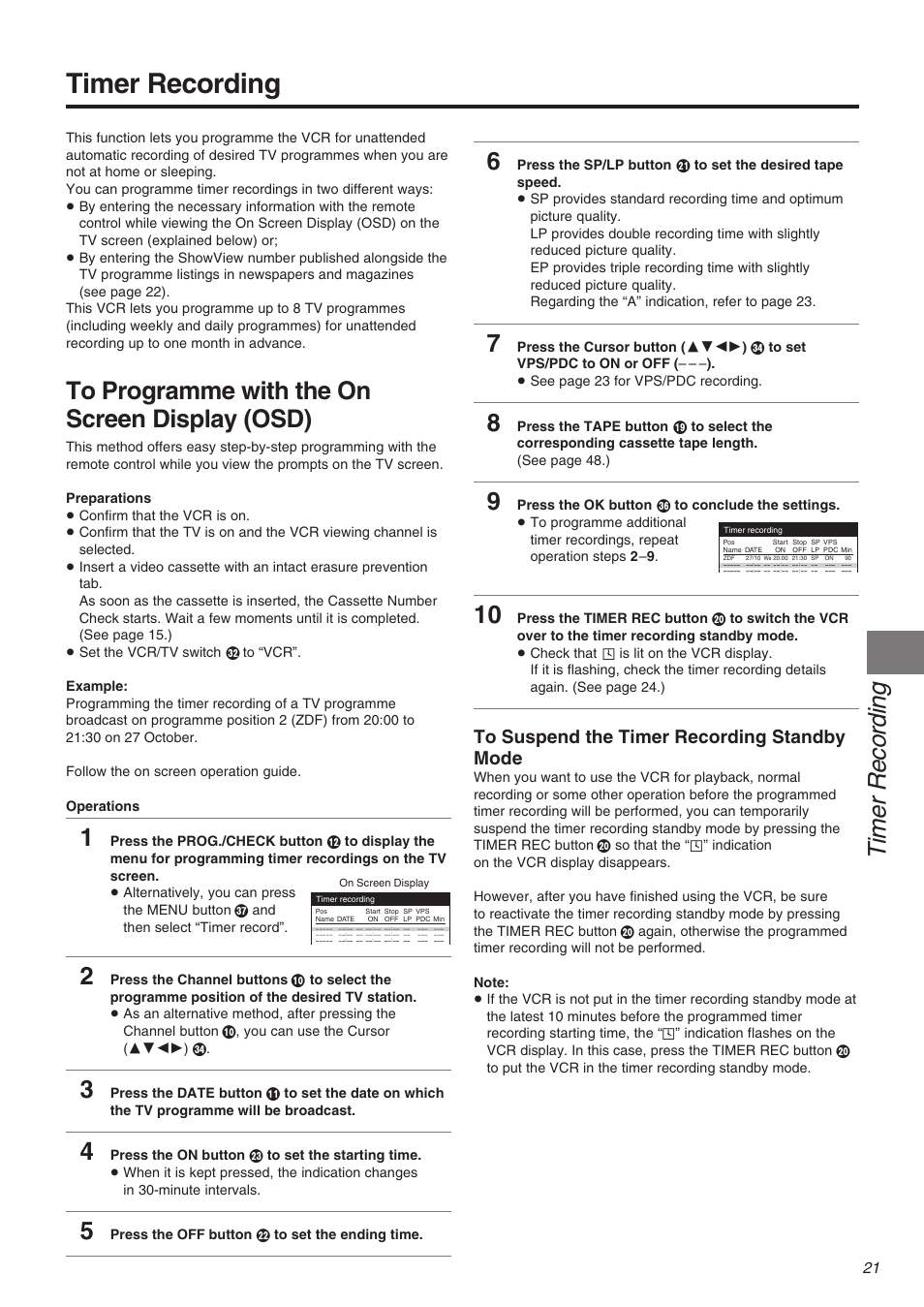 Timer recording, Press the off button f to set the ending time | Panasonic NV-FJ710 Series User Manual | Page 21 / 58