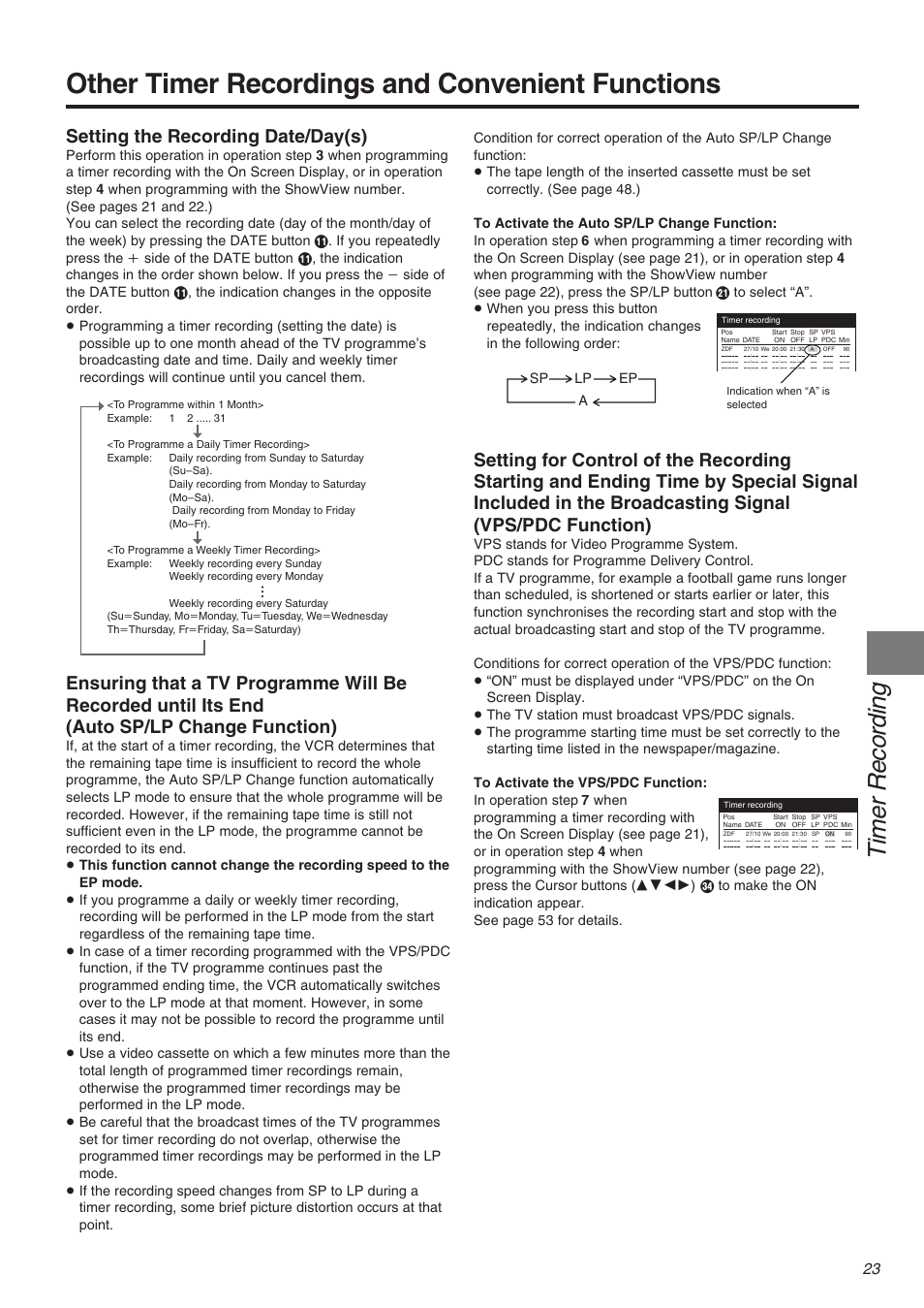 Other timer recordings and convenient functions, Timer recording, Setting the recording date/day(s) | Panasonic NV-FJ710 Series User Manual | Page 23 / 58
