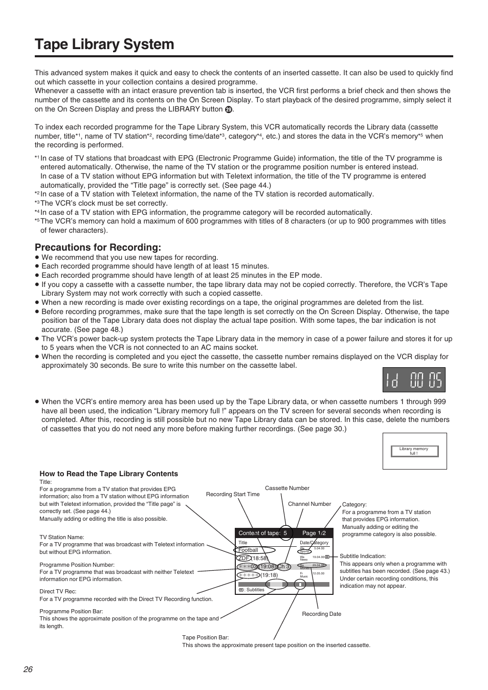 Tape library system, Precautions for recording | Panasonic NV-FJ710 Series User Manual | Page 26 / 58