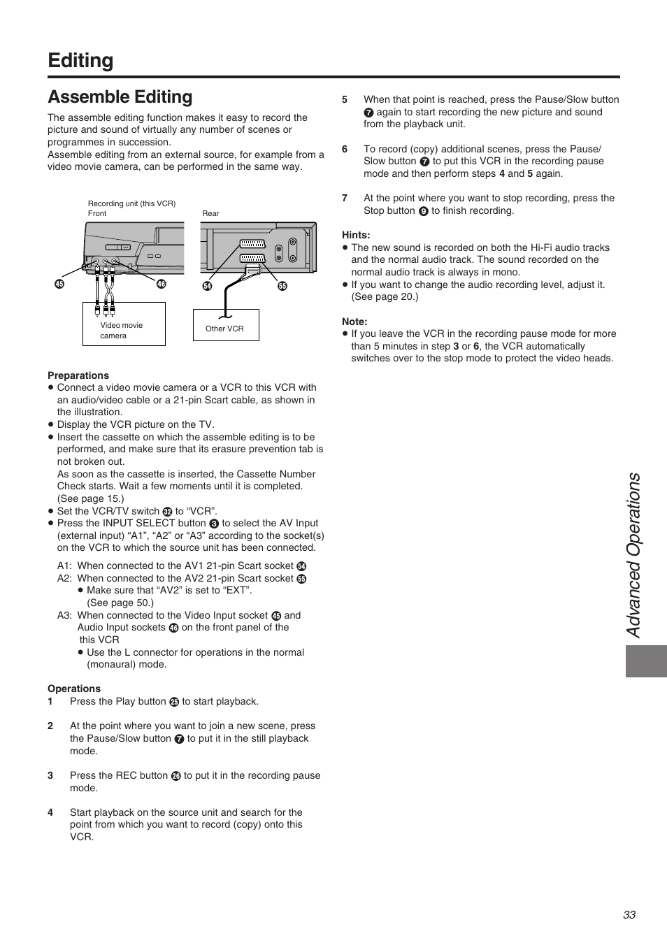 Editing, Adv anced oper ations, Assemble editing | Panasonic NV-FJ710 Series User Manual | Page 33 / 58