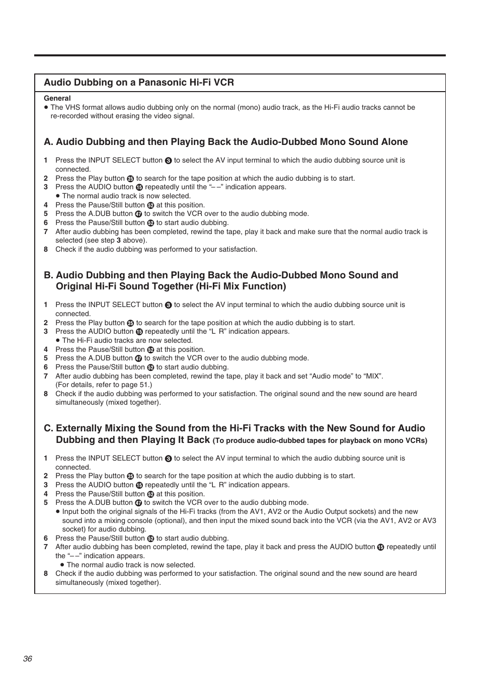 Audio dubbing on a panasonic hi-fi vcr | Panasonic NV-FJ710 Series User Manual | Page 36 / 58