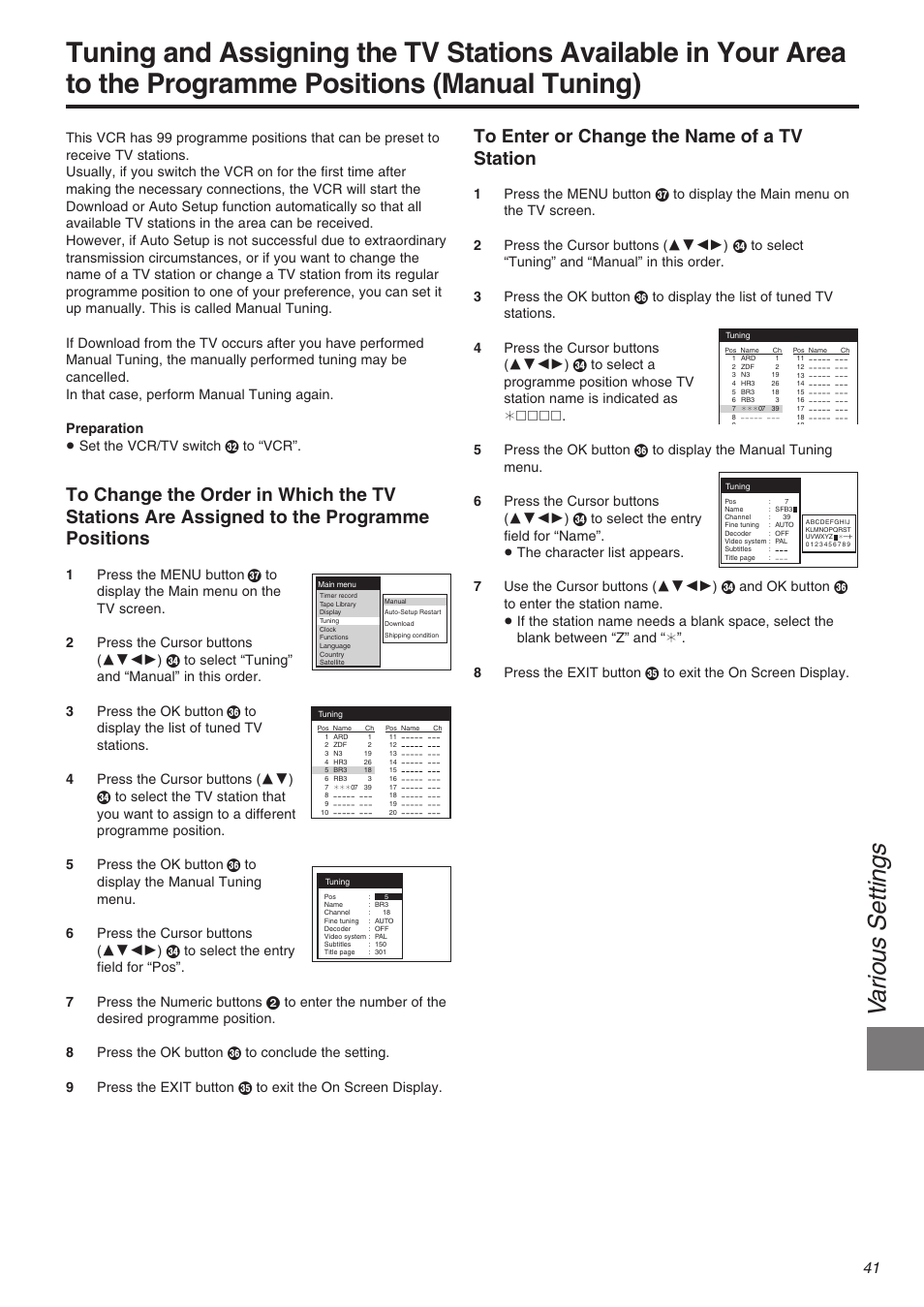 Va rious se ttings | Panasonic NV-FJ710 Series User Manual | Page 41 / 58
