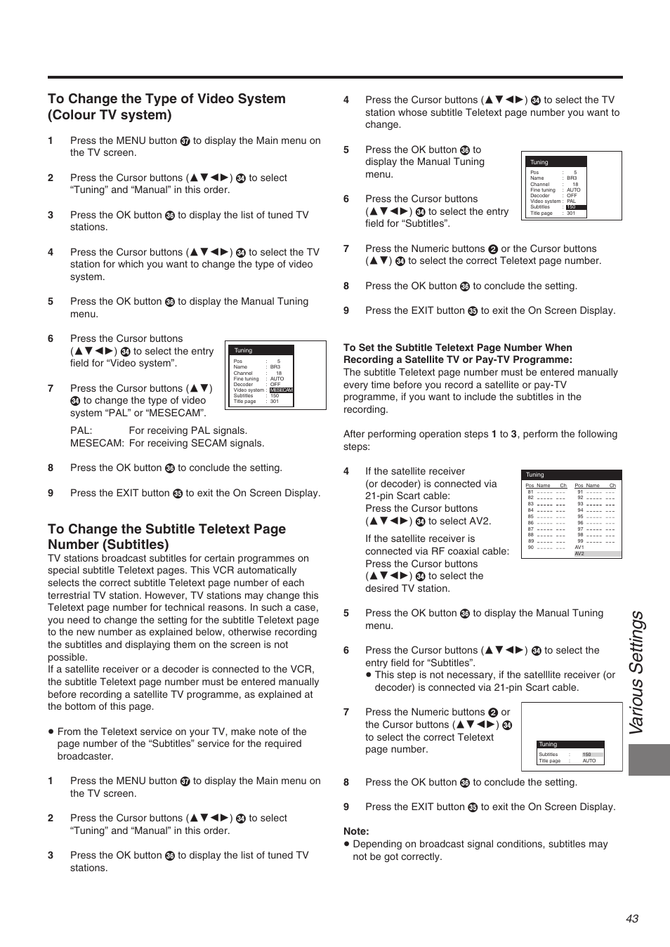 Va rious se ttings | Panasonic NV-FJ710 Series User Manual | Page 43 / 58