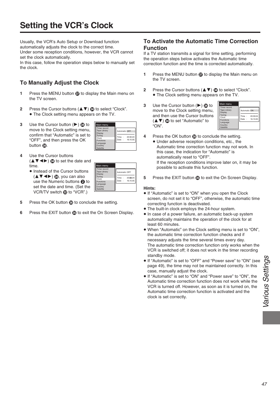 Setting the vcr’s clock, Va rious se ttings | Panasonic NV-FJ710 Series User Manual | Page 47 / 58