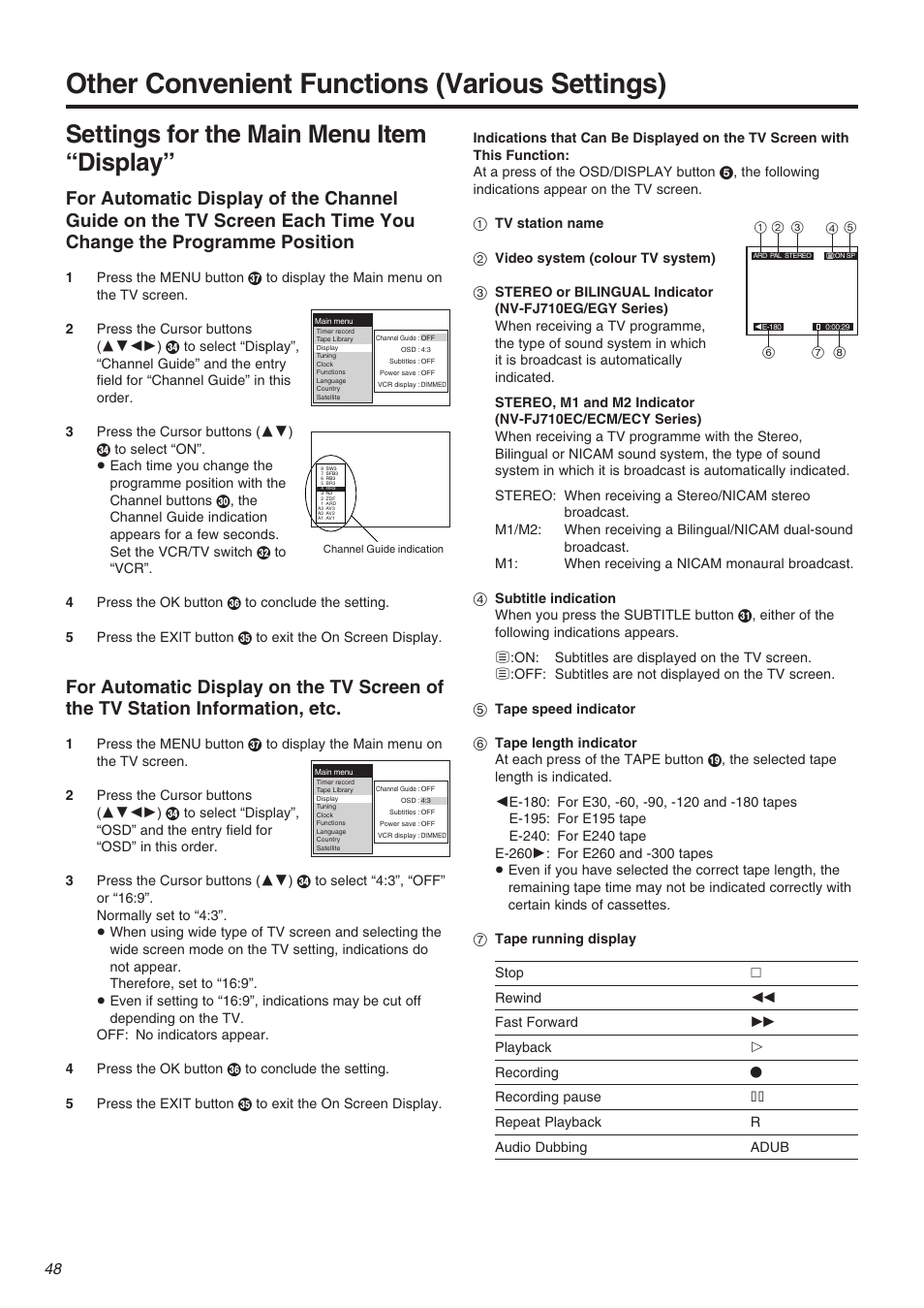 Other convenient functions (various settings), Settings for the main menu item “display | Panasonic NV-FJ710 Series User Manual | Page 48 / 58