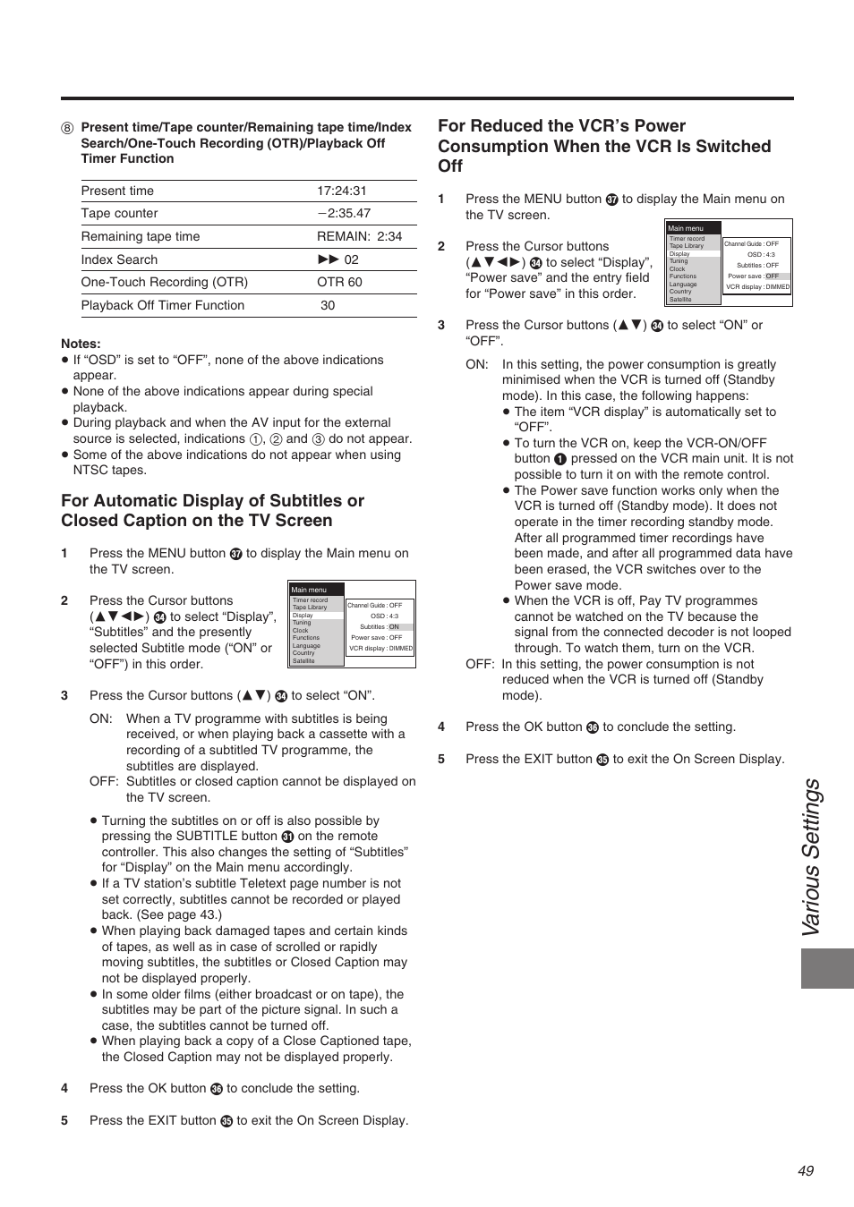 Va rious se ttings | Panasonic NV-FJ710 Series User Manual | Page 49 / 58