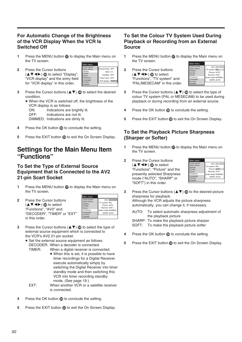 Settings for the main menu item “functions | Panasonic NV-FJ710 Series User Manual | Page 50 / 58