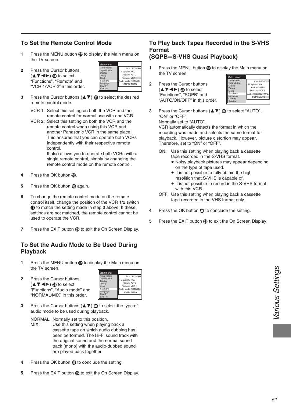 Va rious se ttings | Panasonic NV-FJ710 Series User Manual | Page 51 / 58