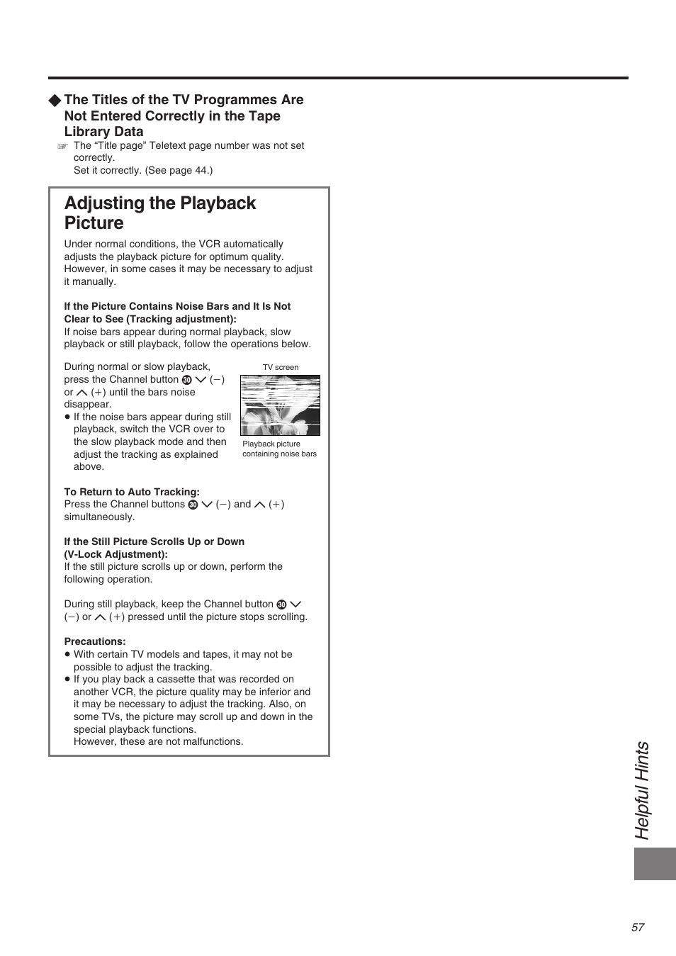 Helpful hints, Adjusting the playback picture | Panasonic NV-FJ710 Series User Manual | Page 57 / 58