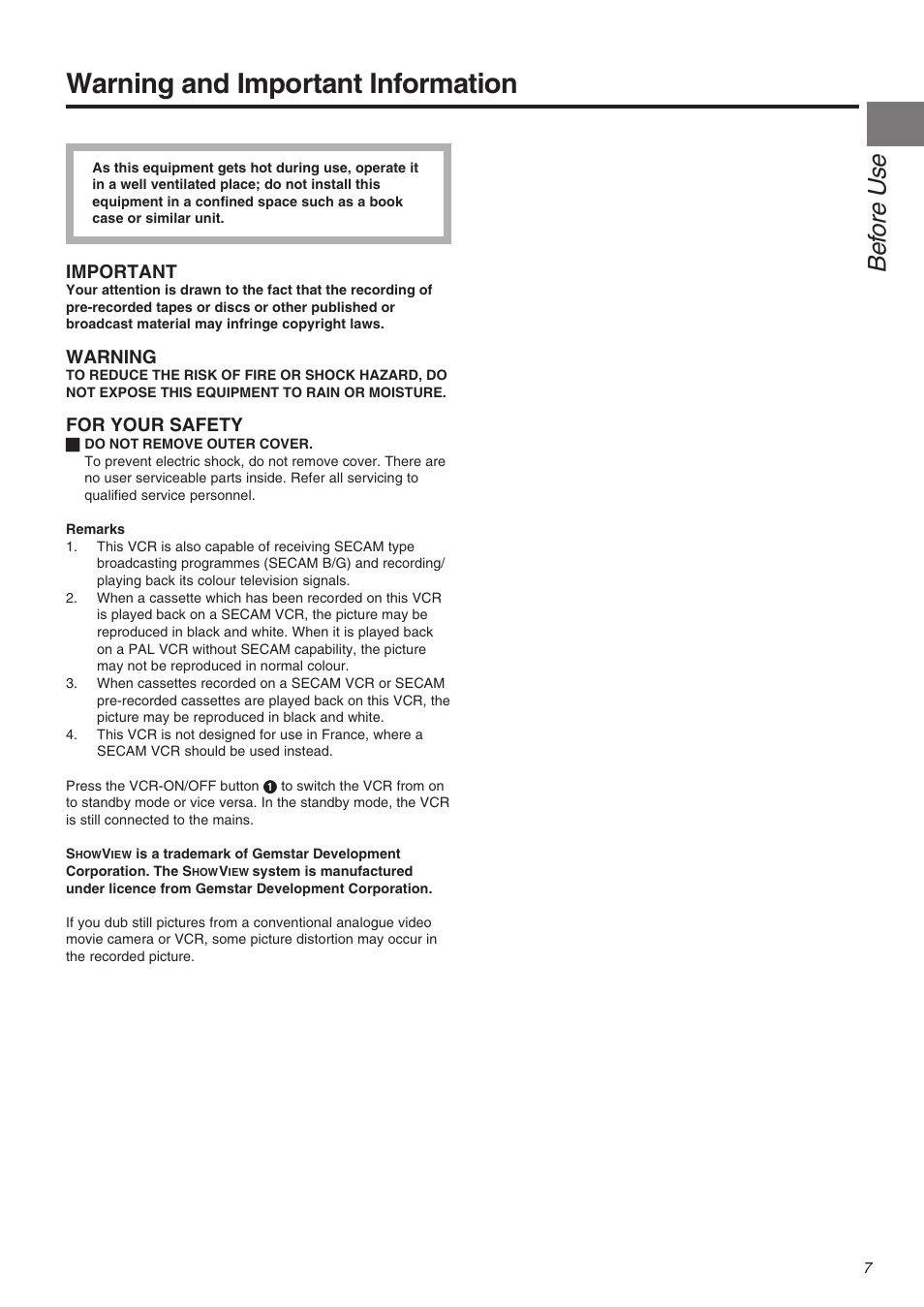 Warning and important information, Be fore use | Panasonic NV-FJ710 Series User Manual | Page 7 / 58