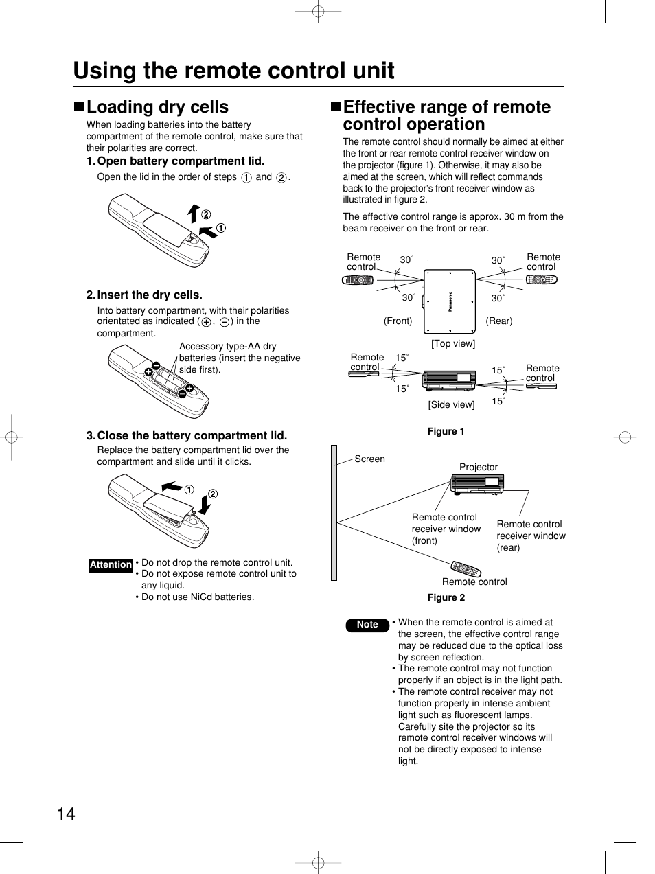 Using the remote control unit, Loading dry cells, Effective range of remote control operation | Panasonic PT-DW5100E User Manual | Page 14 / 64