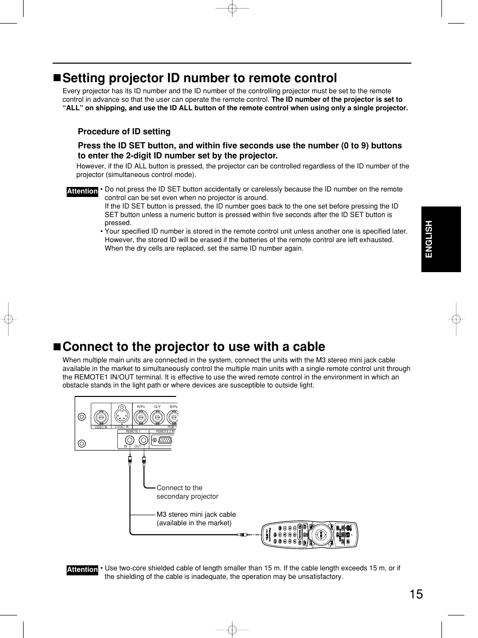 Setting projector id number to remote control, Connect to the projector to use with a cable, English | Panasonic PT-DW5100E User Manual | Page 15 / 64