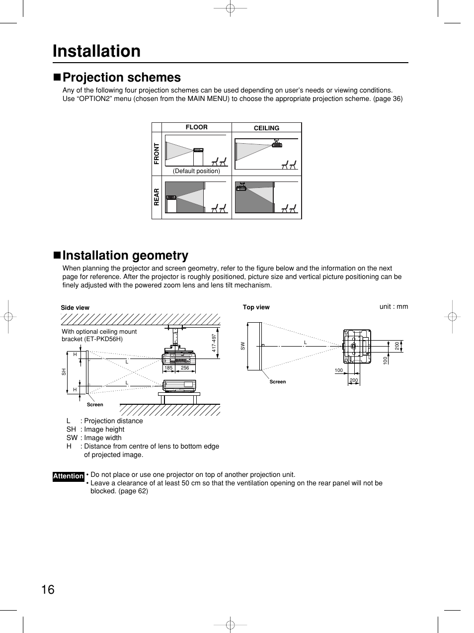 Installation, Installation geometry, Projection schemes | Panasonic PT-DW5100E User Manual | Page 16 / 64