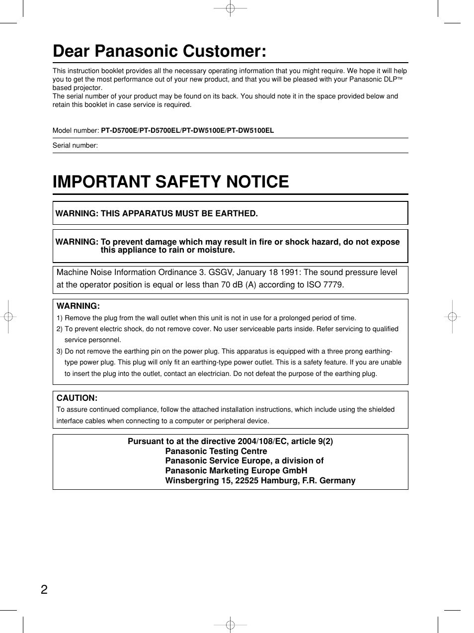 Dear panasonic customer, Important safety notice | Panasonic PT-DW5100E User Manual | Page 2 / 64