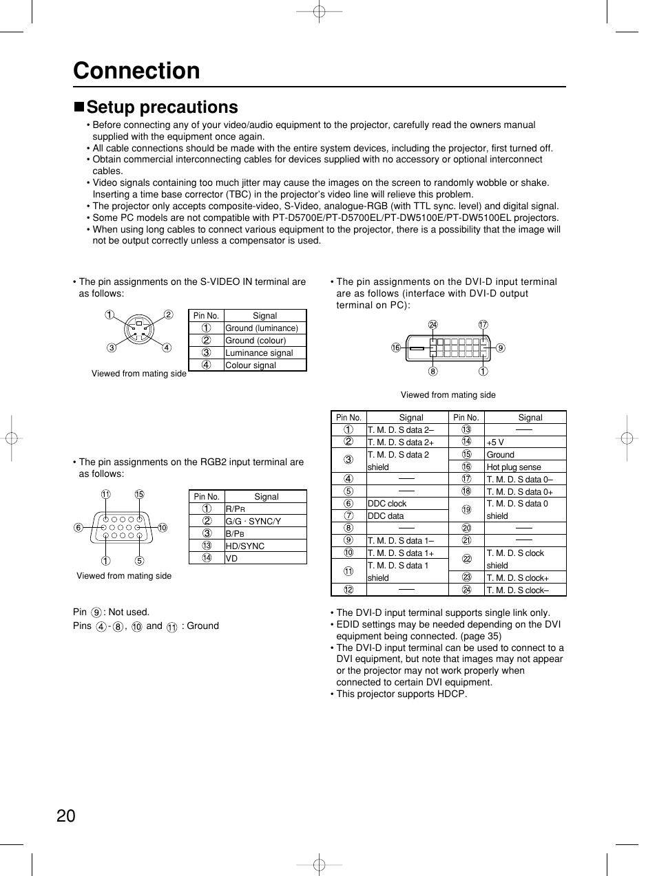 Connection, Setup precautions | Panasonic PT-DW5100E User Manual | Page 20 / 64