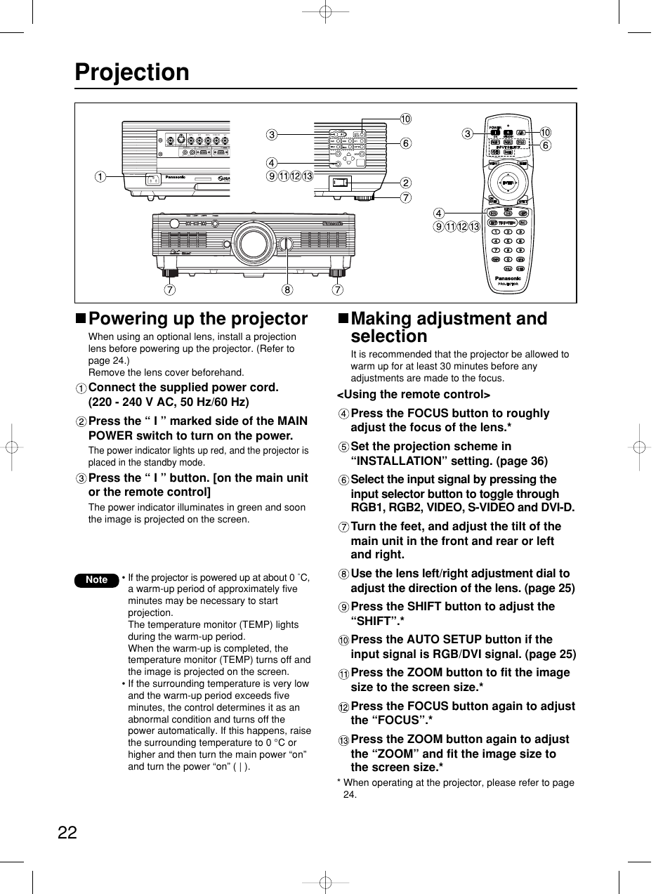 Projection, Powering up the projector, Making adjustment and selection | Panasonic PT-DW5100E User Manual | Page 22 / 64