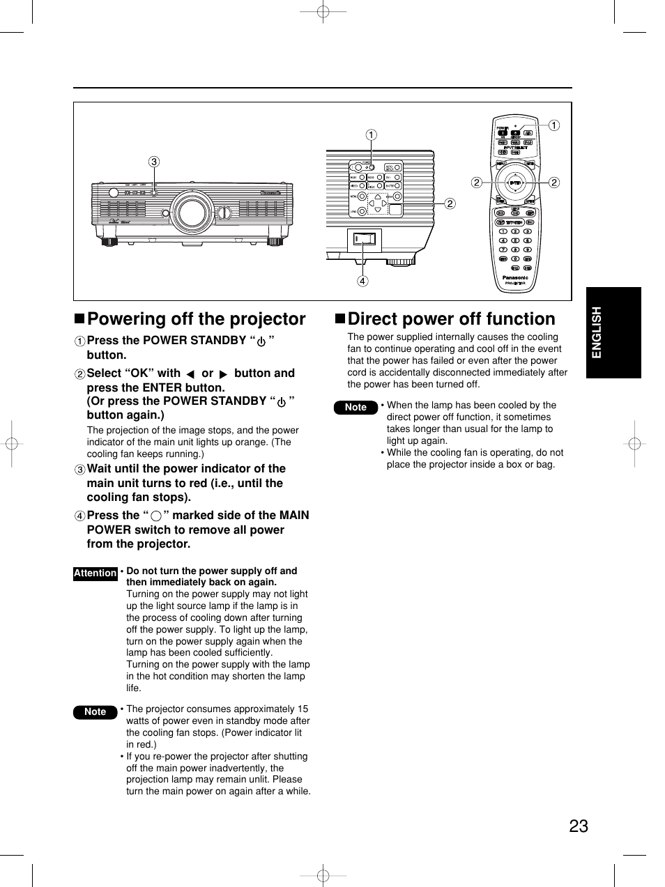 Powering off the projector, Direct power off function | Panasonic PT-DW5100E User Manual | Page 23 / 64