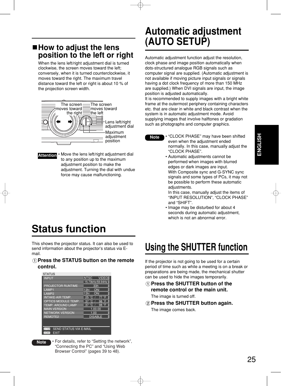 Automatic adjustment (auto setup), Using the shutter function, Status function | Panasonic PT-DW5100E User Manual | Page 25 / 64