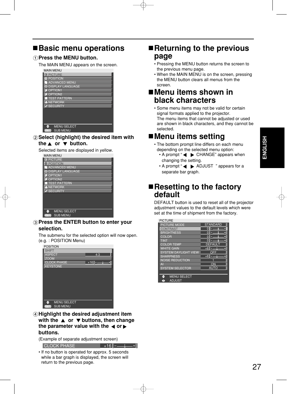 Returning to the previous page, Menu items shown in black characters, Menu items setting | Resetting to the factory default, Basic menu operations | Panasonic PT-DW5100E User Manual | Page 27 / 64