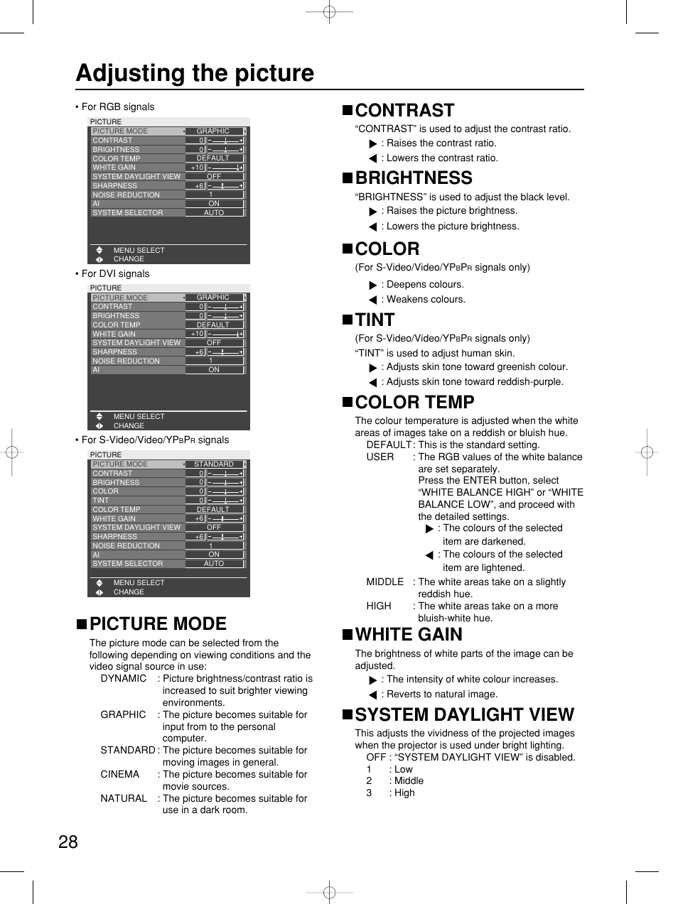 Adjusting the picture, Picture mode, Contrast | Brightness, Color, Tint, Color temp, White gain, System daylight view | Panasonic PT-DW5100E User Manual | Page 28 / 64