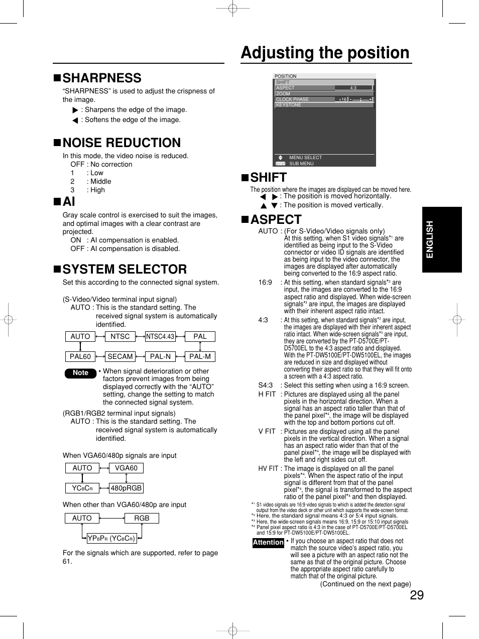 Adjusting the position, Shift, Aspect | Sharpness, Noise reduction, System selector | Panasonic PT-DW5100E User Manual | Page 29 / 64