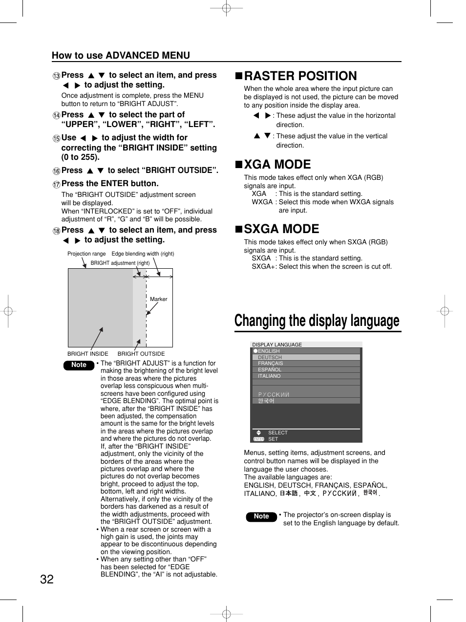 Changing the display language, Raster position, Xga mode | Sxga mode, How to use advanced menu | Panasonic PT-DW5100E User Manual | Page 32 / 64